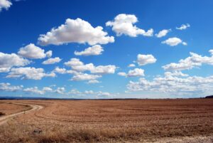 a brown field under a blue sky